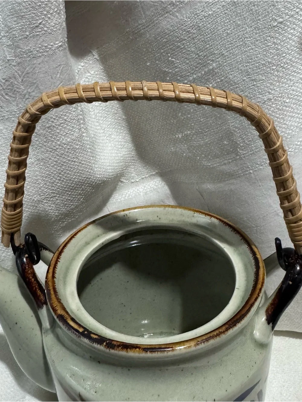Vintage Japanese Stoneware Teapot Bamboo Handle Hand Painted Bamboo Motif